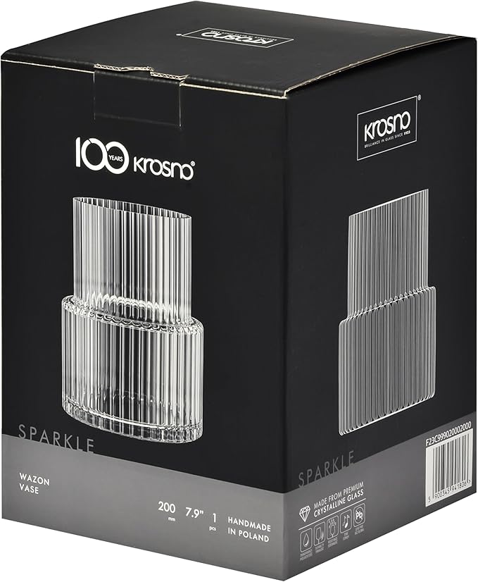 KROSNO Ribbed Flower Modern Japandi Decor Vase, 7,8 x 6,2 inch, Perfect for Home and Restaurants, Dishwasher Safe, Crystalline Glass, Lead-Free