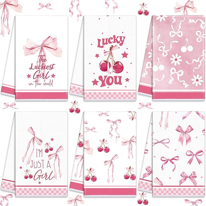 Oudain Pink Coquette Dish Towels Gift Set of 6 Decorative Kitchen Hand Towels, Bow Cherry