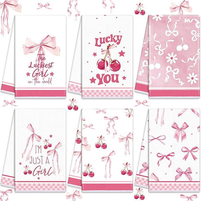 Oudain Pink Coquette Dish Towels Gift Set of 6 Decorative Kitchen Hand Towels, Bow Cherry