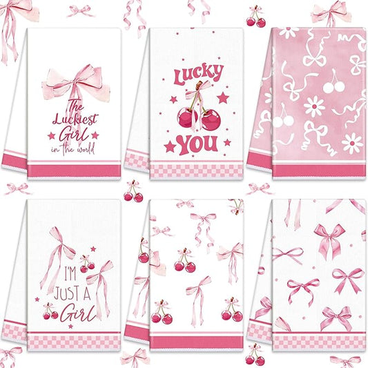 Oudain Pink Coquette Dish Towels Gift Set of 6 Decorative Kitchen Hand Towels, Bow Cherry