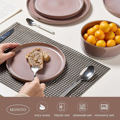 MONITO 12PCS Stoneware Plates and Bowls Set, Ceramic Dinnerware Sets, Service for 4, Chip and Scratch Resistant Dish Set, Microwave and Dishwasher Safe, Housewarming Party Holiday Gift, Vintage Brown