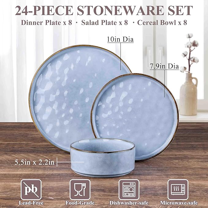 Herogo 24 Pieces Dinner Plates and Bowls Sets for 8, Stoneware Dinnerware Sets for Kitchen Dining, Reactive Glaze, Dishwasher & Microwave Safe, Haze Blue