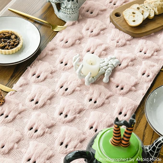 Artoid Mode Pink Ghost Soft Plush Faux Fur Jacquard Halloween Table Runner, Holiday Kitchen Dining Table Decoration for Home Party Decor 13x72 Inch