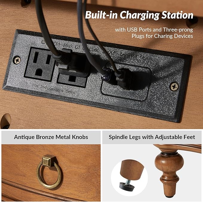 HULALA HOME Wood Nightstands Set of 2 with Charging Station for Bedroom, 3 Drawers Traditional Nightstands, Side Table with Solid Wood Legs, USB Ports & Three-Prong Plugs, Walnut