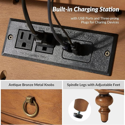 HULALA HOME Wood Nightstands Set of 2 with Charging Station for Bedroom, 3 Drawers Traditional Nightstands, Side Table with Solid Wood Legs, USB Ports & Three-Prong Plugs, Walnut