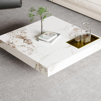 Modern Coffee Table for Living Room, 43.31" Large Square Living Room Table Sintered Stone Tabletop with Gold Stainless Steel Legs, Center Table for Home Office