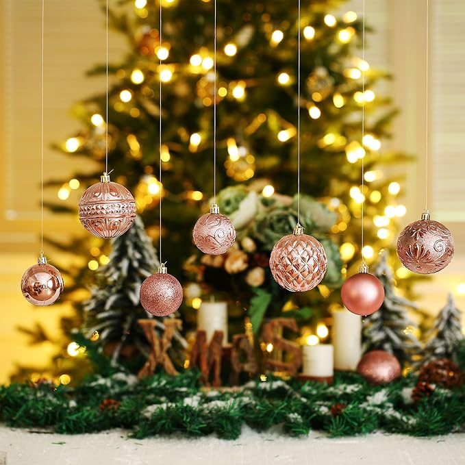 Christmas Ball Ornaments Rose Gold Christmas Tree Decorations with Hang Rope-36pcs Shatterproof Christmas Ornaments Set with 6 Styles in 3 Sizes(Small Medium Large)
