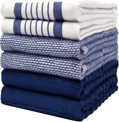 Premium Kitchen Towels 6 Pack Large Cotton Flat Terry Absorbent Tea Towels with Hanging Loop Navy Blue Striped 20x28