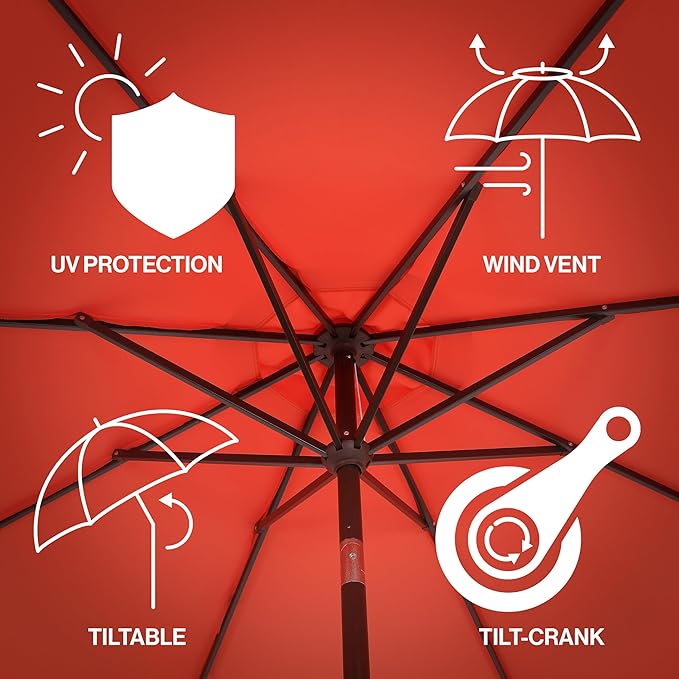 JONATHAN Y UMB1002A Tracy 9 ft. Classic MidCentury Scalloped Fringe Market Patio Umbrella with Auto-Tilt, Crank, Wind Vent and UV Protection in Coral Red/White