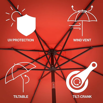 JONATHAN Y UMB1002A Tracy 9 ft. Classic MidCentury Scalloped Fringe Market Patio Umbrella with Auto-Tilt, Crank, Wind Vent and UV Protection in Coral Red/White