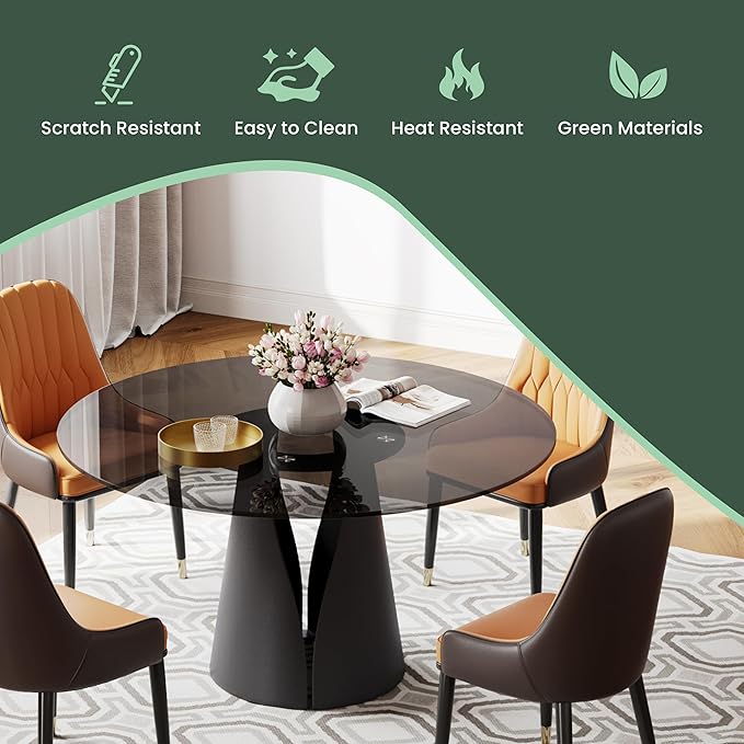 POVISON 47" Glass Round Dining Table for 6, Modern Dining Table Dining Room Table Round Black Glass Top with Solid Black Carbon Steel Base for Kitchen(Table Only)
