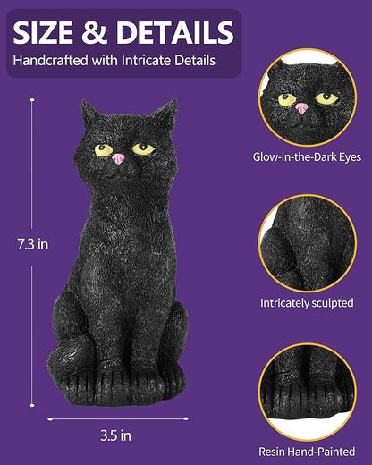 Black Cat Figurine with Glow-in-The-Dark Eyes - 7.3" Spooky Resin Halloween Decorations Halloween Decor Outdoor/Indoor (Black Cat)