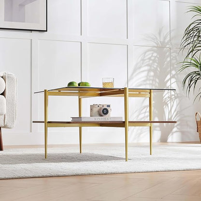 Square Coffee Table, Mid-Century Modern Design, L30 x W30 x H17 Inch, for Living Room, 2-Tier Structure, Amber Glass Top and Walnut Wood Shelf, Sleek Conical Metal Legs with Gold Finish