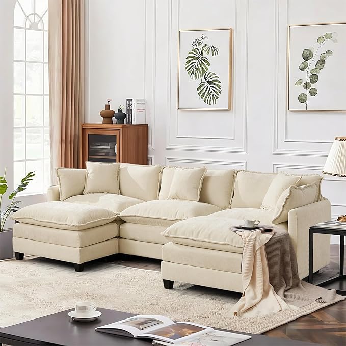 SoarFlash 107.4" Chenille Sectional Sofa, Comfy U Shaped Modular Coush Sofa with Ottoman, Modern 4 Seat Couch Deep Seat Sofa Set for Living Room,Beige