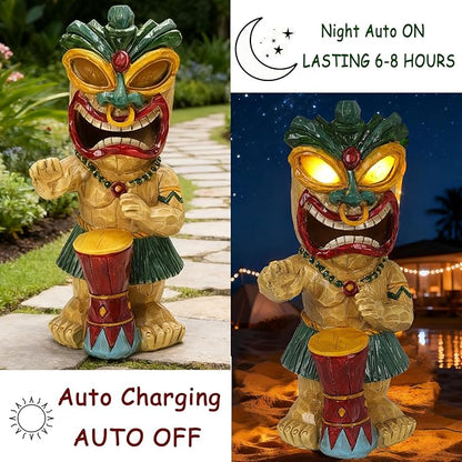 Solar Tiki Garden Statue with LED Eyes Outdoor Polynesian Drummer Hawaiian Party Decor Solar Light Ornament for Patio Porch Lawn Tiki Bar or Tiki Lover Funny Gifts