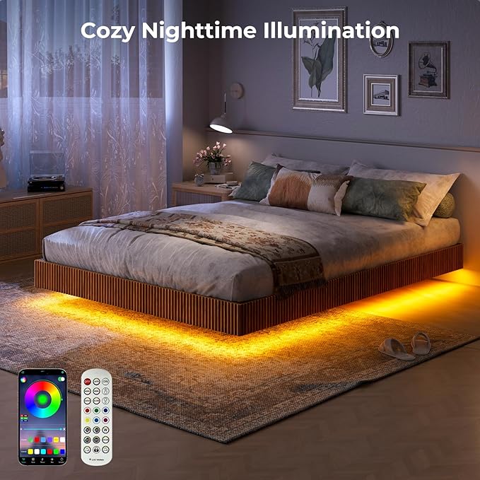 Evermagin Walnut Queen Floating Bed Frame with led Lights, Mid Century Modern Fluted Floating Platform Bed No Headboard, Heavy Duty Metal Float Bedframe No Box Spring Needed