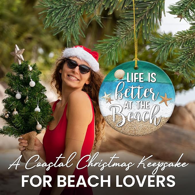 OASSIE Christmas Beach Gifts for Women Men - Ceramic Christmas Ornaments 2025 for Tree Decorations - Beach Themed Gifts for Mom Dad Family Friends Couple, Beachy Decor for Xmas Decorations