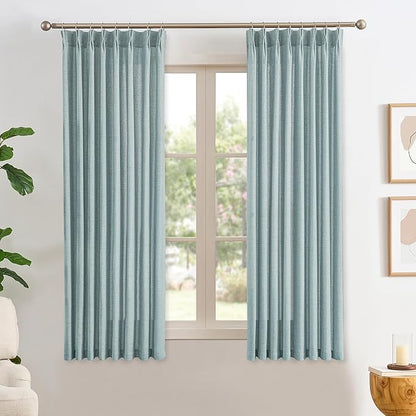 Light Blue Linen Pinch Pleat Curtains 45 Inches Long Pleated Semi Sheer Textured Drapes Hooks Back Tab Coastal Modern Light Filtering Curtain 2 Panels for Living Room Bedroom Office 42x45
