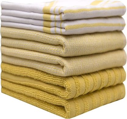 Premium Kitchen Towels 6 Pack Large Cotton Flat Terry Absorbent Tea Towels with Hanging Loop Yellow Striped 20x28