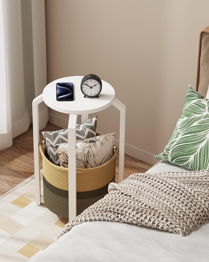TUTOTAK Small Side Table, Round End Table, Night Stand, Bedside Table, Sofa Table with Storage Basket, Living Room, Bed Room, White and Black-Brown TB01BWK092
