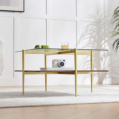 X-Large Oval Glass Coffee Table, Mid-Century Modern Design, L47 x W24 x H17 inch, for Living Room, Clear Glass Top and Walnut Finish Wood Shelf, Conical Legs with Gold Finish Frame