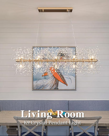 Modern 47.2" Modern Gold Crystal Firework Chandelier, 15-Light Pendant Light Fixture, Rectangle Linear Sputnik Dandelion Chandeliers for Dining Room Kitchen Living Room