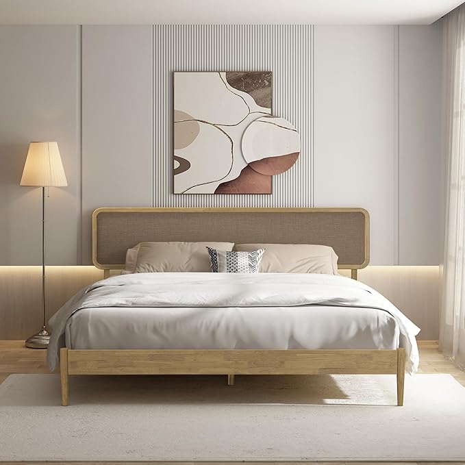 NTC Lupin Wooden Bed Frame with Headboard, Solid Oak and Rubber Wood Foundation with Silent Slats and Wood Central Supports, 1000 Lb Capacity, King - Sand