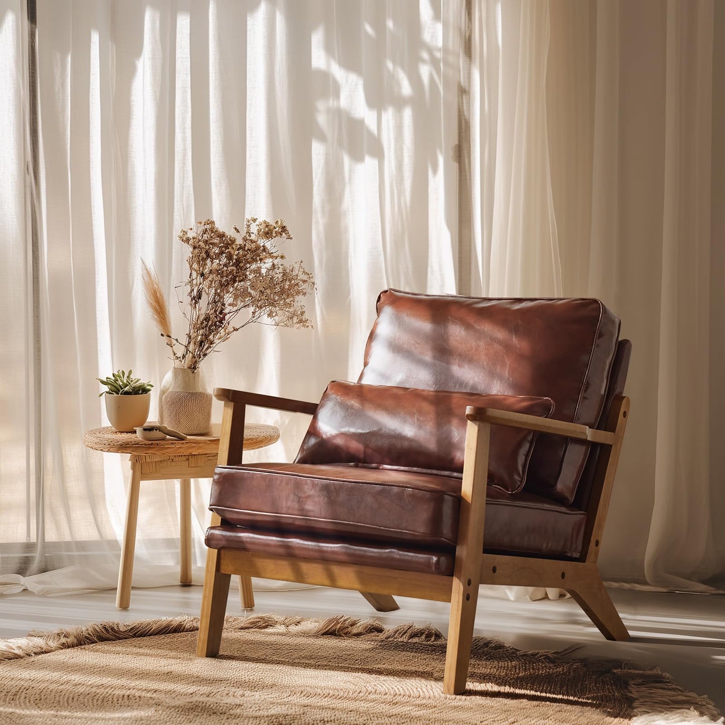 VINGLI Solid Wood Wide Armrests Accent Chair,Upholstered Mid Century Modern Chair with Pillow,Comfy Reading Chair Farmhouse Arm Chair,Chairs Living Room,Bedroom,Guest Room,Teddy Fleece,Khaki