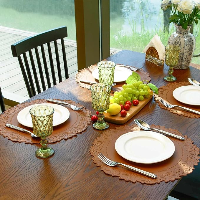Noctiflorous Round Faux Leather 15 Inch Placemats Set of 4 Waterproof Wipeable Heat Resistant Tablemat for Dining Table Kitchen Non Slip Washable Oilproof Table Place Mat(Umber Brown, 4)
