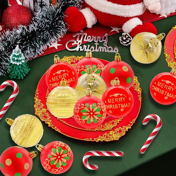 40PCS 2.36" Christmas Balls Ornaments, Plastic Christmas Tree Ornaments, Holiday Baubles, Hanging Decorations for Xmas Trees Holiday Party, Gold Red Baubles
