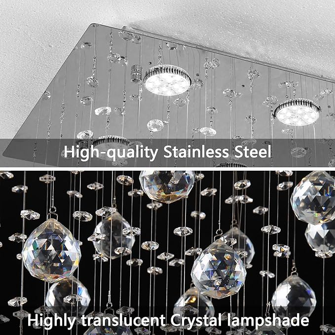 Glam Crystal Chandelier with Bulb Rain Drop Pendants Ceiling Light LED Lighting Rectangular Dining Room Light Fixture Dimmable LED Light