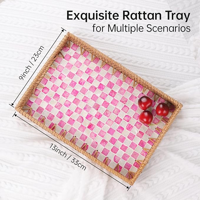 Rectangle Rattan Tray with Mother of Pearl Inlay, Rattan Serving Tray with Handle for Coffee, Bread, Fruits, Decorative Wicker Tray for Table Decor (Rectangle Pink Checkerboard, 13"×9")