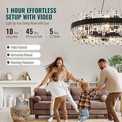 Siljoy Modern Crystal Chandelier 16-Light Farmhouse Black Round Crystal Raindrop Chandelier Industrial Dimmable Crystal Pendant Ceiling Light Fixture for Dining Living Room Entryway Foyer D31.5''