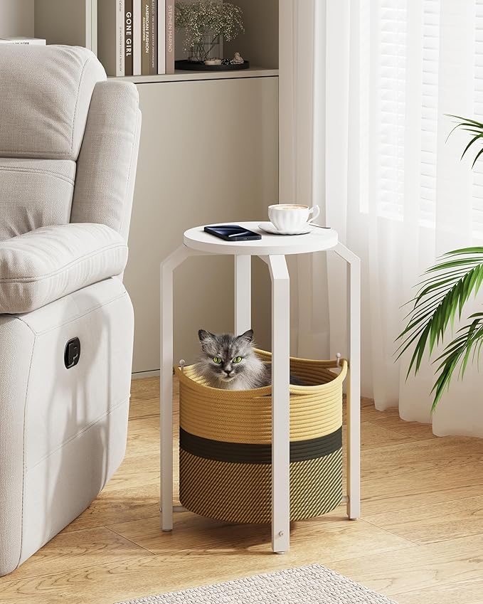 TUTOTAK Small Side Table, Round End Table, Night Stand, Bedside Table, Sofa Table with Storage Basket, Living Room, Bed Room, White and Black-Brown TB01BWK092
