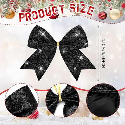 Cindeer 24 Pcs Black Christmas Bow Decorations 6 x 6 Inches, Glitter Holiday Ornaments Sequin Ties Bows for Xmas Tree, Wreath, DIY Crafts, Party Decor, Gift Wrapping