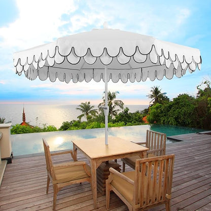 JONATHAN Y UMB1002D Tracy 9 ft. Classic MidCentury Scalloped Fringe Market Patio Umbrella with Auto-Tilt, Crank, Wind Vent and UV Protection in White/Black