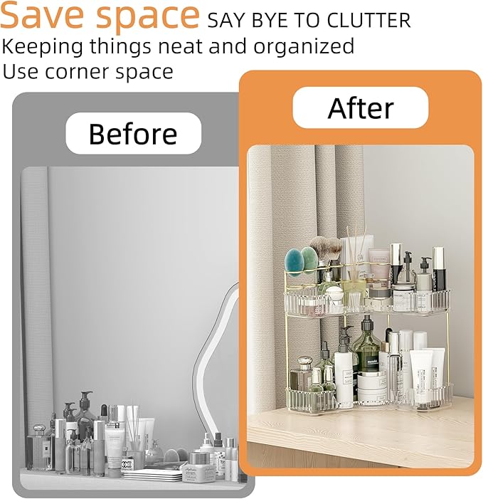 Makeup Organizer Countertop 2 Tier, Corner Bathroom Countertop Organizer with Toothbrush and Makeup Brush Holder, Corner Vanity Skincare Organization