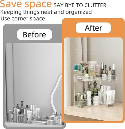 Makeup Organizer Countertop 2 Tier, Corner Bathroom Countertop Organizer with Toothbrush and Makeup Brush Holder, Corner Vanity Skincare Organization