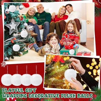 Nuenen 72 Pcs 3.15 Inch White Furry Christmas Ball Ornaments Christmas Pom Poms Ornaments Faux Rabbit Fur Balls Bulk with Elastic Band for Xmas Tree Decorations DIY Craft Hat Keychain (White)