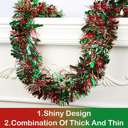 50FT Christmas Tinsel Garland - Metallic Twist Garland for Christmas Tree Decorations, Xmas Tree Decor for Home Indoor Outdoor Holiday Party Supplies (Green and Red)