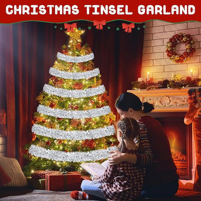 50FT Silver Christmas Tinsel Garland - Metallic Tinsel Glitter Twist Garland Hanging Streamers for Xmas Tree Garlands Decorations