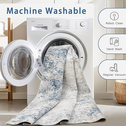 Washable Rugs 8x10 Area Rugs for Living Room,Modern Abstract Rugs for Bedroom,Large Carpets,Ultra Soft Faux Wool Retro Dining Room Rug,Non Slip&Non-Shedding Low Pile Print Rug- Blue Beige