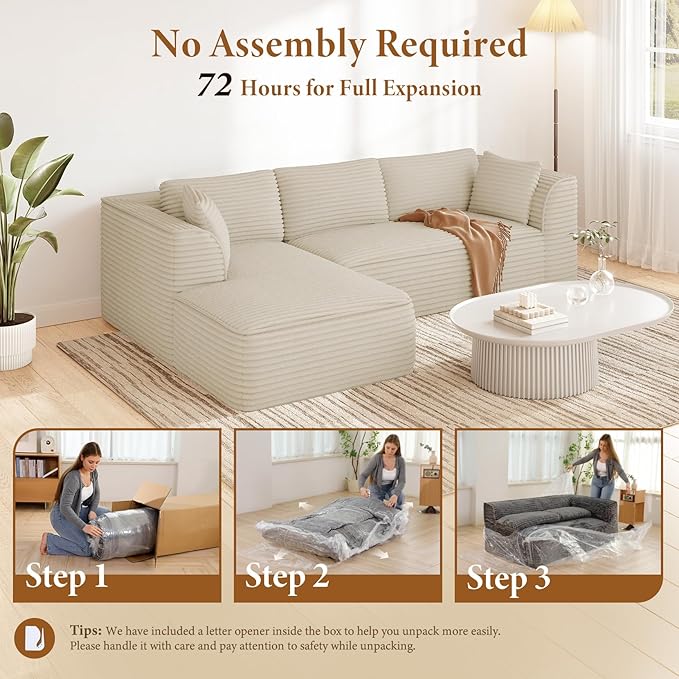 Vesgantti 106" Boneless Couch with Chaise, Deep Seat Comfy Cloud Modular Sofa Corduroy Sectional Couches for Living Room Bedroom, No Assembly Required (Camel, Left-Facing Chaise)