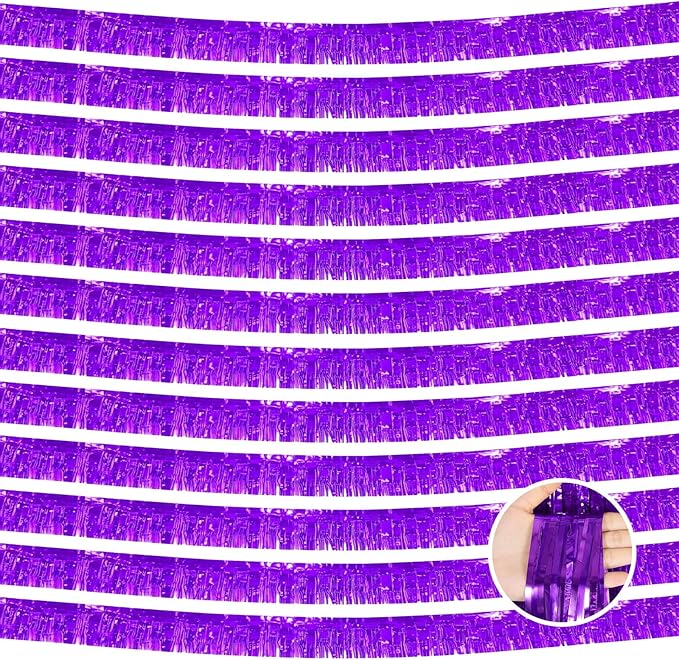 12 Pack 10 Feet Metallic Foil Fringe Garland Tinsel Streamers Banner, Purple Wall Hanging Tinsel Fringe Banners for Parade Floats, Wedding, Birthday, Christmas, New Year Party Decorations