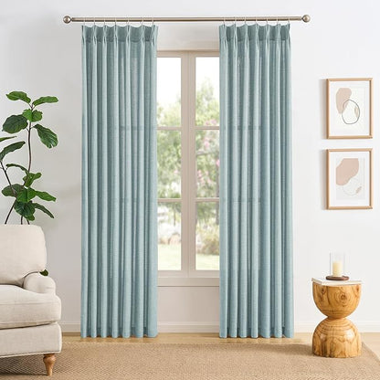 Light Blue Linen Pinch Pleat Curtains 84 Inches Long Pleated Semi Sheer Textured Drapes Hooks Back Tab Coastal Modern Light Filtering Curtain 2 Panels for Living Room Bedroom Office 42x84