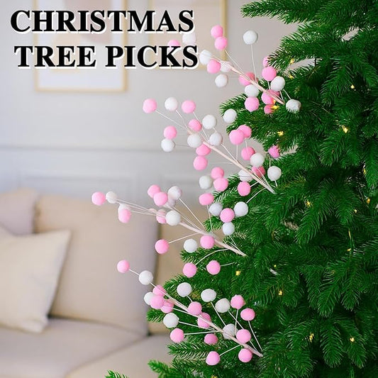 6 Pcs Pink White Pom Poms Christmas Decorations & Felt Christmas Picks and Sprays DIY Xmas Tree Toppers, Festive Tree Filler & Decor (PinkWhite)