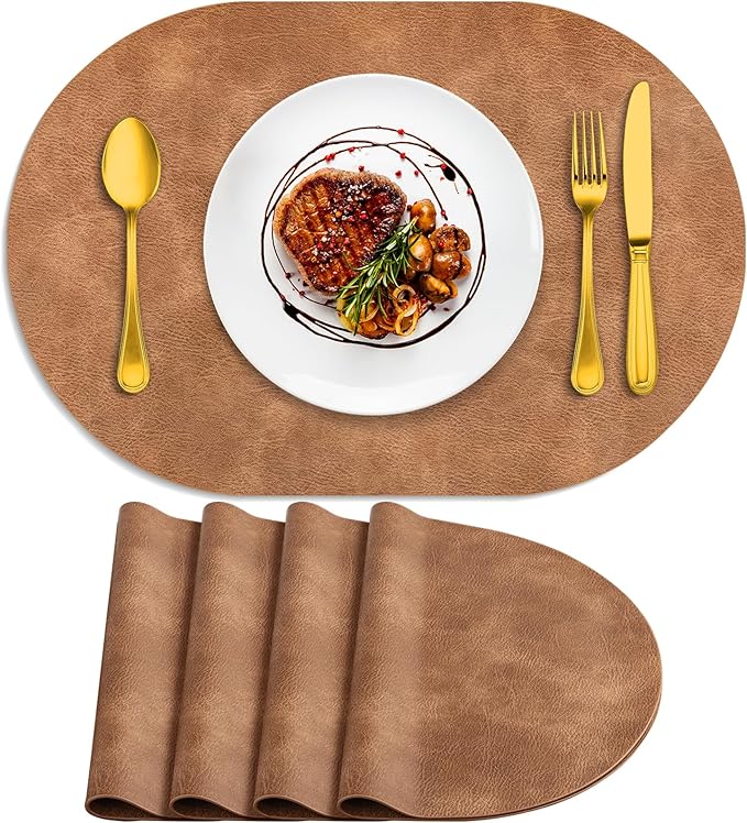 ADRIMER Placemats, Heat Resistant Oval Placemats Set of 4 Washable 12 x 17 Inch, Waterproof Table Mats, Wipeable Pu Place Mats for Kitchen, Dining Room, Sandy Light Brown