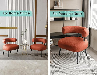 Mid Century Sherpa Boucle Accent Chair, Round Upholstered Barrel Arm Chair for Small Spaces, Fluffy Side Corner Chair for Living Room, Bedroom, Vanity, Office, Reading Nook（Orange）