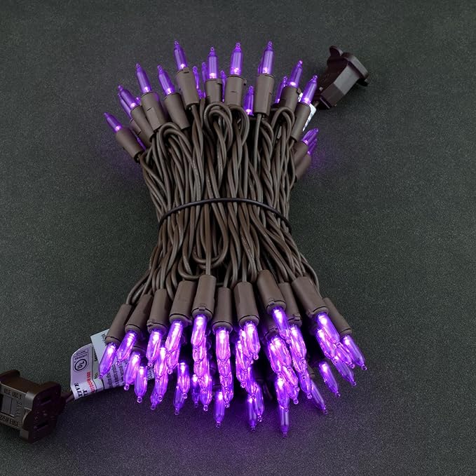 YULETIME Purple LED Christmas Lights with Brown Wire, 33 ft 100 Count UL Certified Commercial Grade Holiday String Light Set (Purple - Brown Wire)