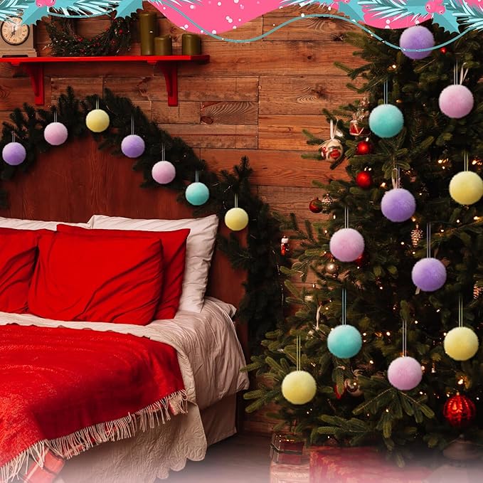 Gejoy 12 Pcs Pastel Furry Christmas Ball Ornaments for Xmas Tree Colorful Christmas Hanging Decorations Soft Faux Fur Pom Pom Ball Ornaments for Party Supplies Fireplace Mantel Home Wall Decor
